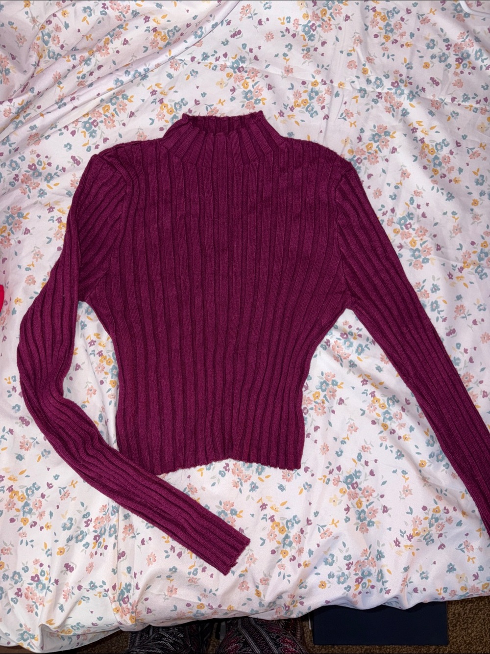 Ribbed Mock Neck Sweater - Wine Pink